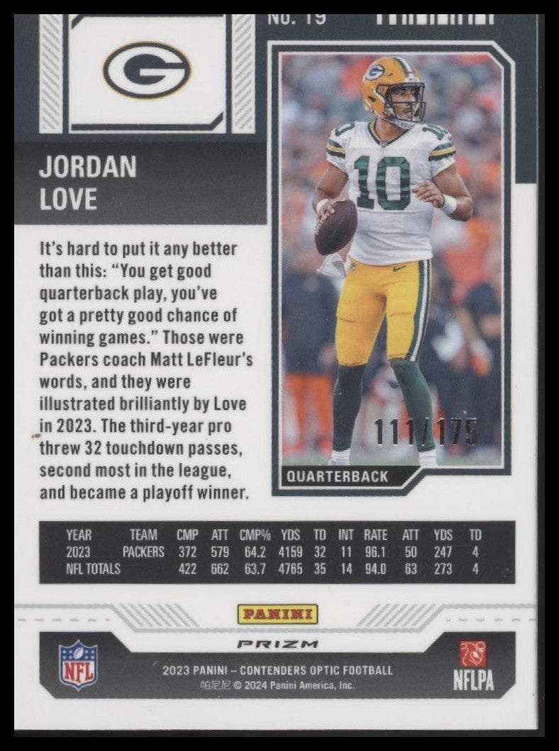 Jordan Love 2023 Panini Contenders Optic #19 Red #/175