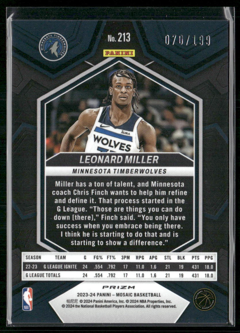 2023-24 Panini Mosaic #213 Leonard Miller Blue #/199