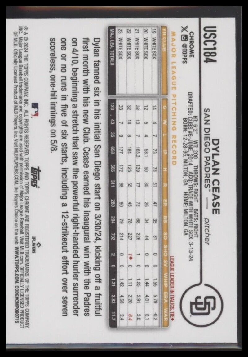 2024 Topps Chrome Update #USC184 Dylan Cease Aqua Refractors #/199