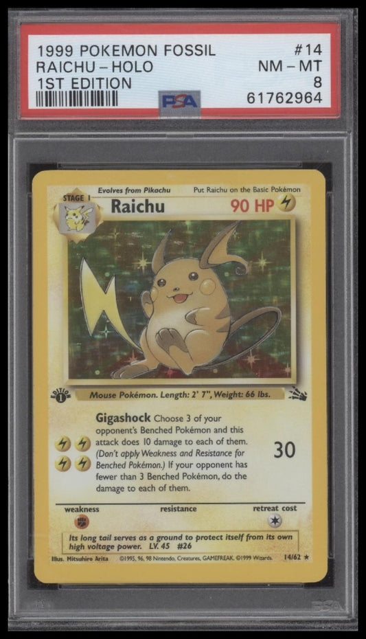 Raichu-Holo 1999 Pokemon Fossil #14 1st Edition PSA 8