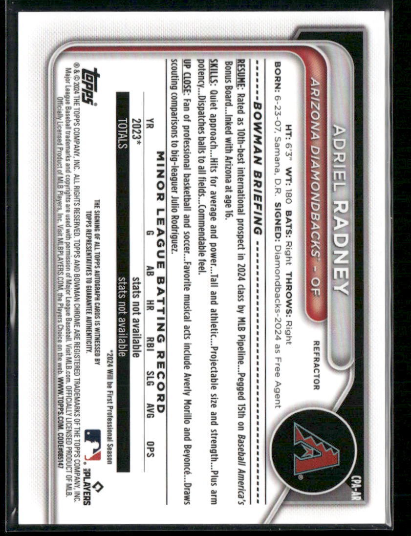 2024 Bowman Chrome #CPA-AR Adriel Radney Prospects Autographs Refractors #/499