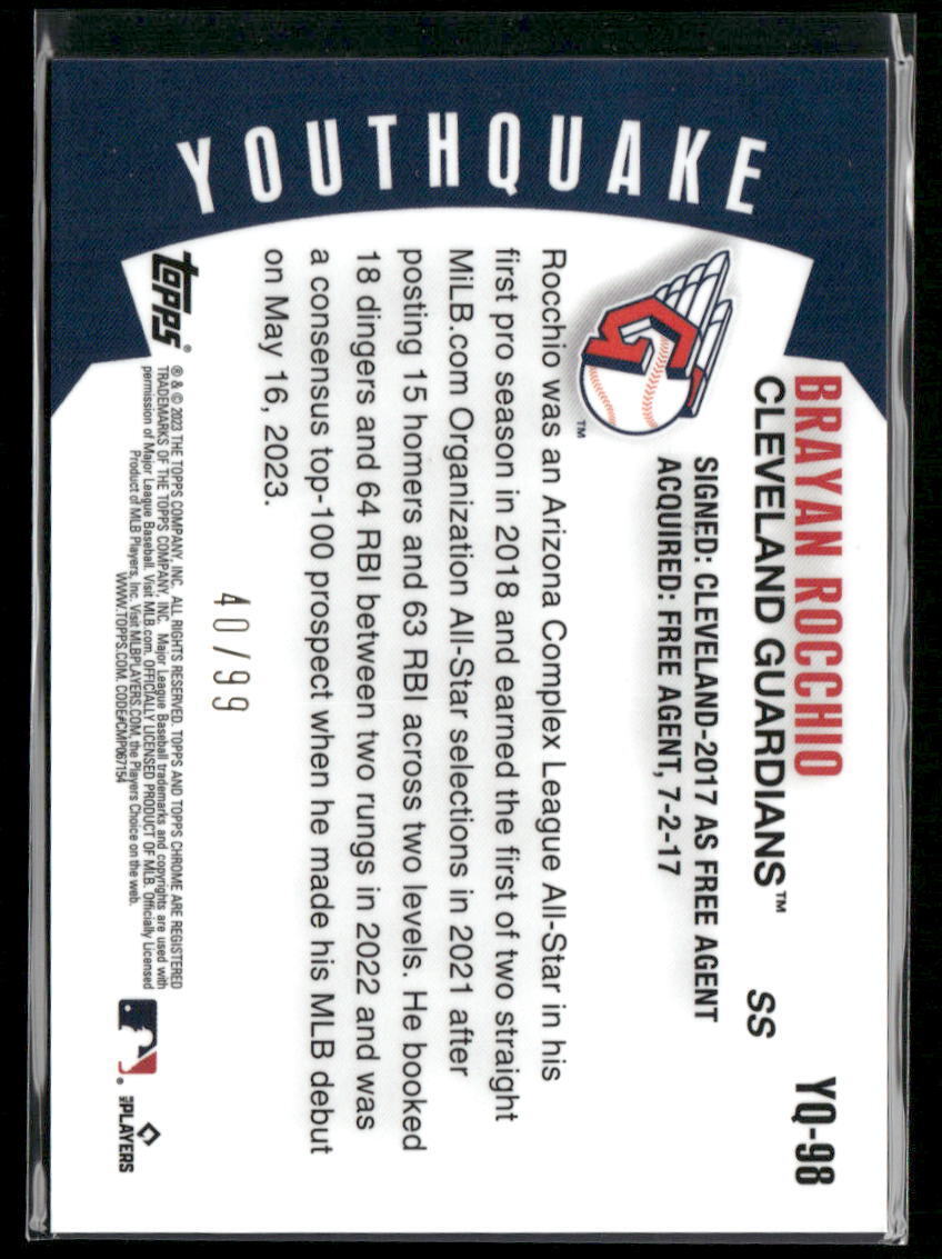 2023 Topps Chrome Update #YQ-98 Brayan Rocchio Youthquake Green Refractor #/99