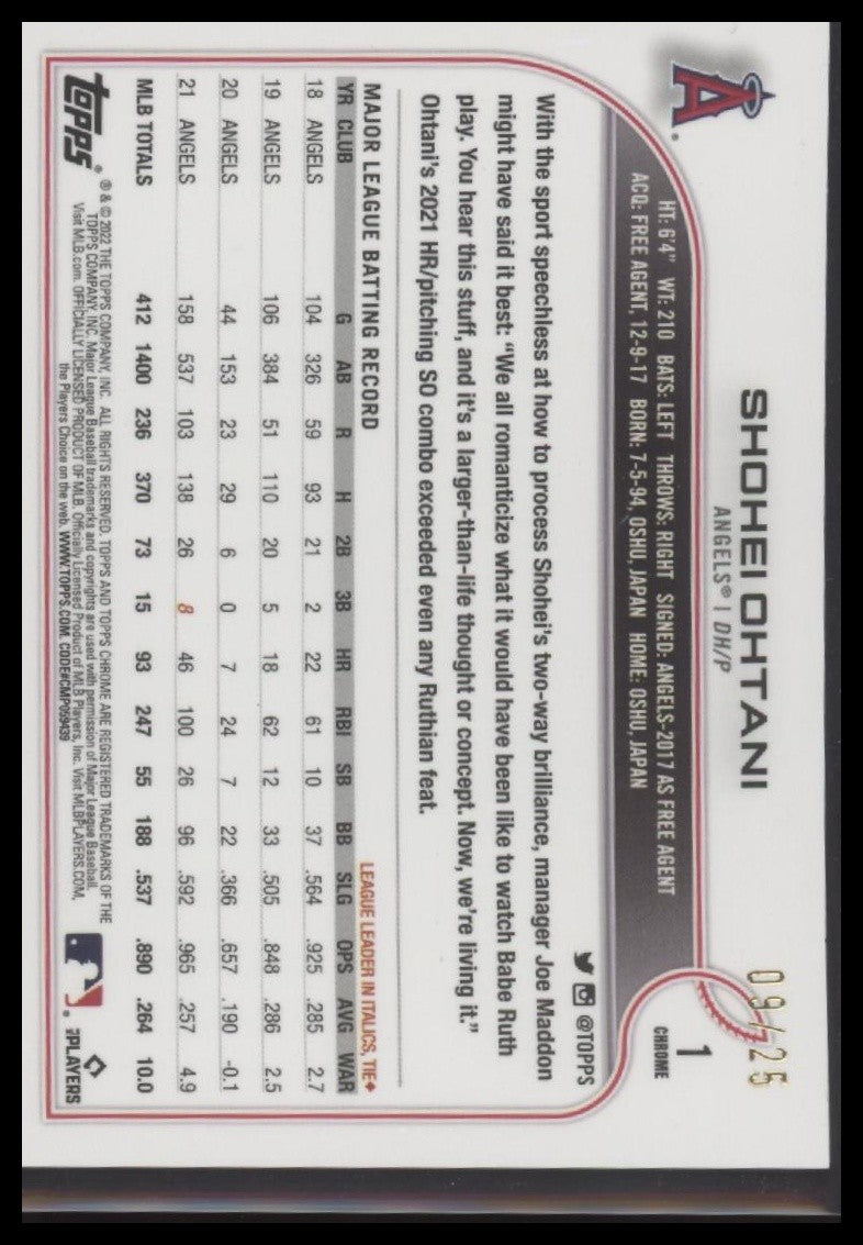 Shohei Ohtani 2022 Topps Chrome Sonic #1 Orange/Black Sonic Pulse Refractor #/25
