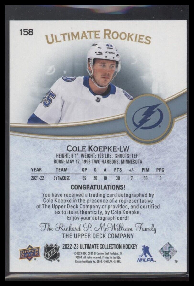 2022-23 Upper Deck Ultimate Collection Cole Koepke Auto /299