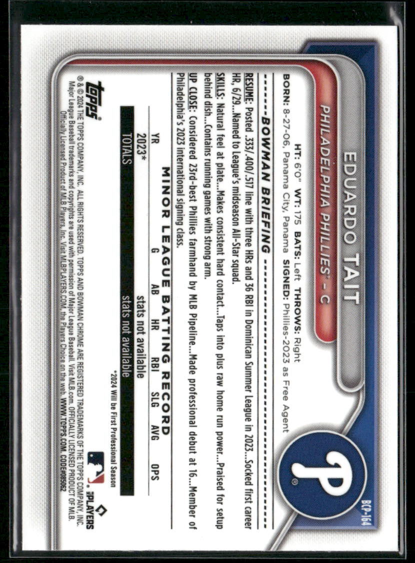 2024 Bowman Chrome #BCP-164 Eduardo Tait Prospects Aqua Refractors #/125