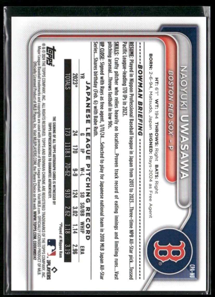 2024 Bowman Chrome Naoyuki Uwasawa Prospects Autographs Purple Refractors #/250