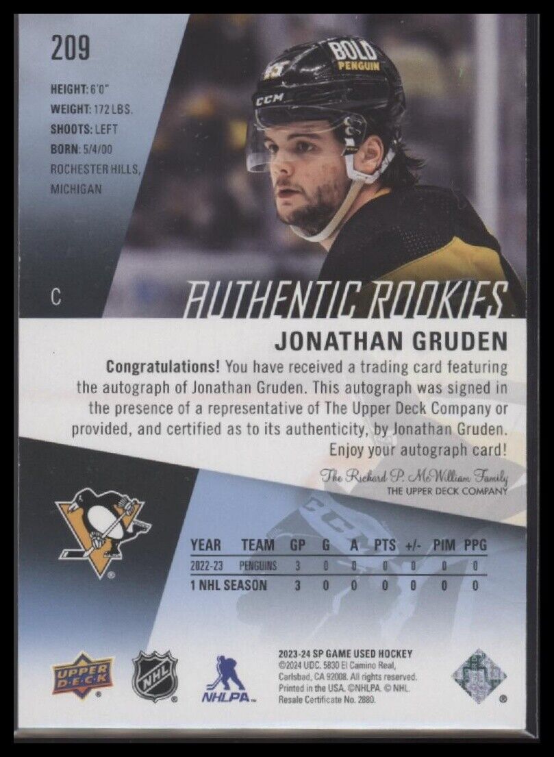 2023-24 SP Game Used #209 Jonathan Gruden Auto