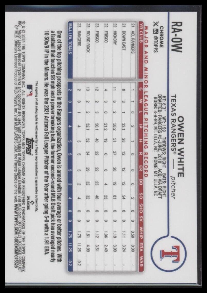 2024 Topps Chrome #RA-OW Owen White Rookie Autographs Purple Refractor #/250