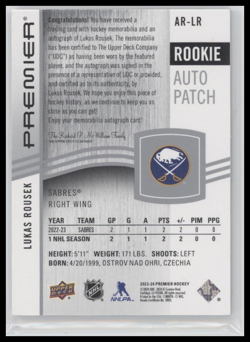 Lukas Rousek 2023-24 Upper Deck Premier #AR-LR Acetate Rookie Auto Patch #/249