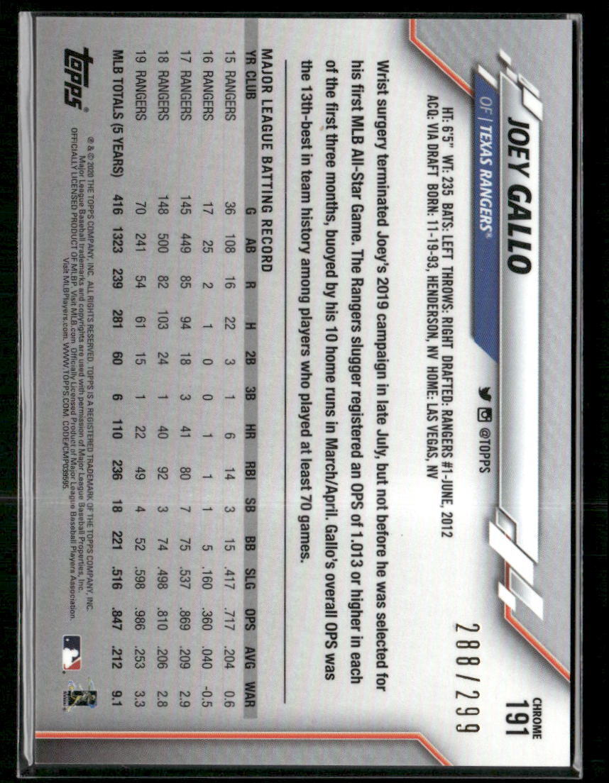 2020 Topps Chrome #191 Joey Gallo Purple Refractor #/299