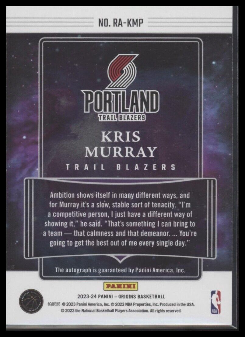 2023-24 Panini Origins #RA-KMP Kris Murray Rookie Autographs Pink #/25