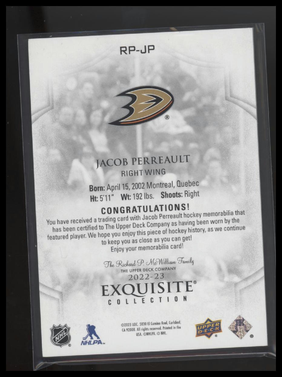 2022-23 Black Diamond Jacob Perreault Exquisite Collection Rookie Patch #/99