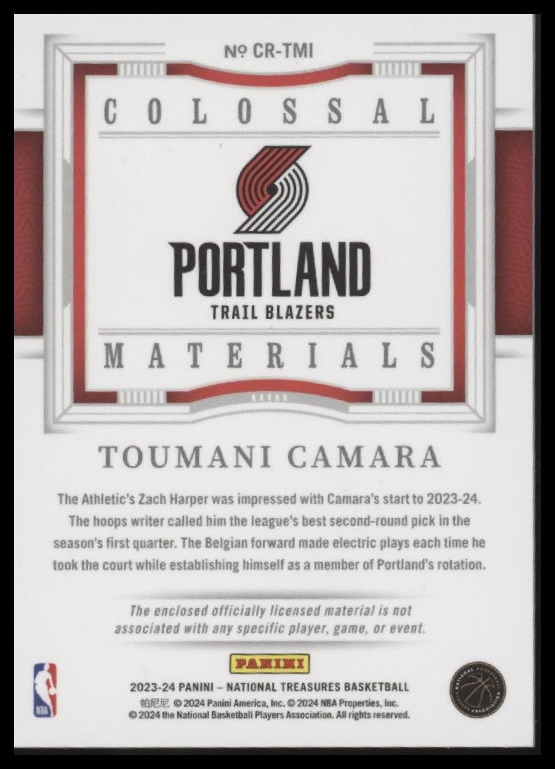 Toumani Camara 2023-24 Panini National Treasures Colossal Rookie Materials #/25