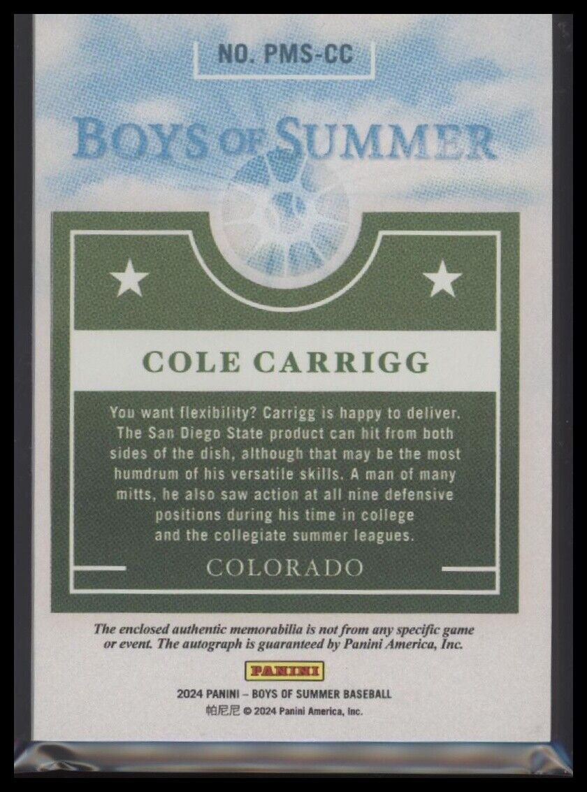 Panini Boys of Summer Cole Carrigg Prospect Material Signatures Holo Silver #/25