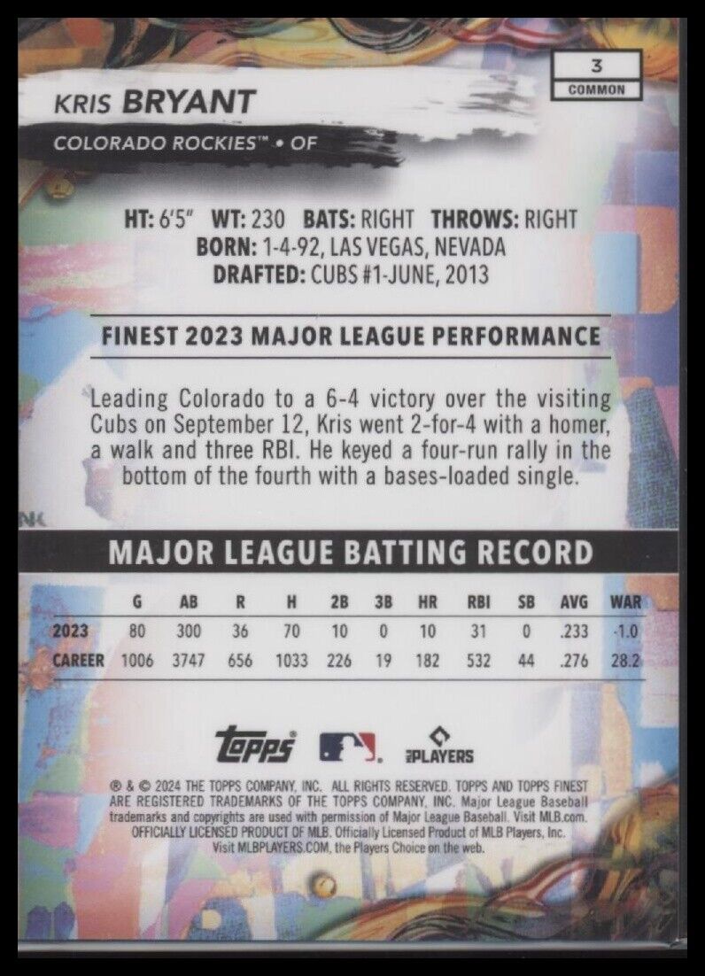 2024 Finest #3 Kris Bryant Purple Checkerboard Refractor #/150