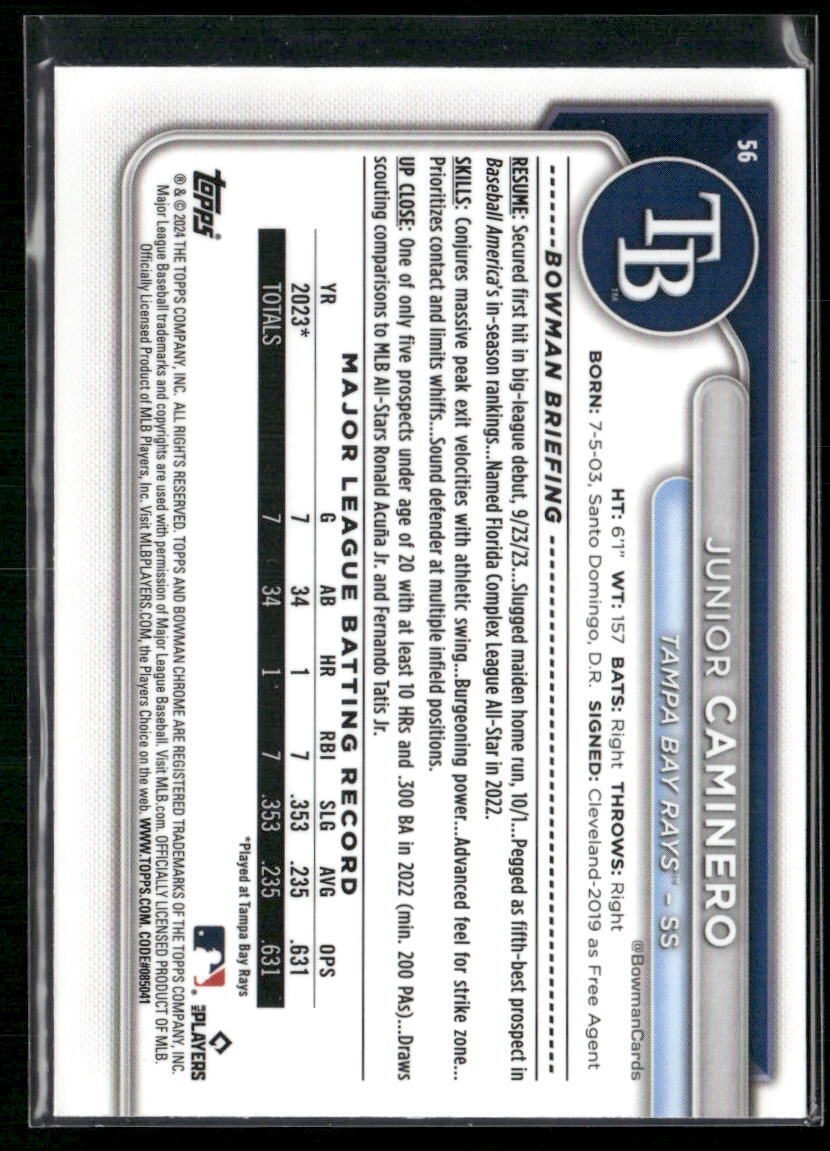 2024 Bowman Chrome #56 Junior Caminero Fuchsia Refractors #/299