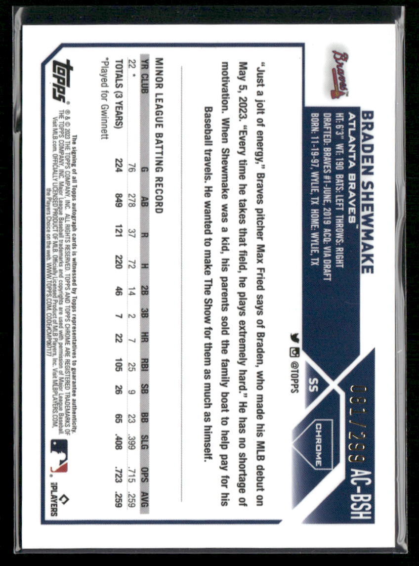 2023 Topps Chrome Update #AC-BSH Braden Shewmake Autographs Purple Speckle #/299
