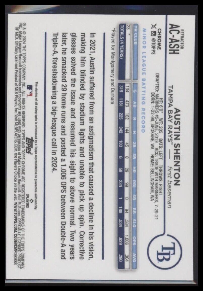 2024 Topps Chrome Update #AC-ASH Austin Shenton Autographs Refractors #/499