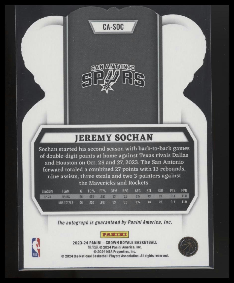 2023-24 Panini Crown Royale #CA-SOC Jeremy Sochan Crown Autographs #/125