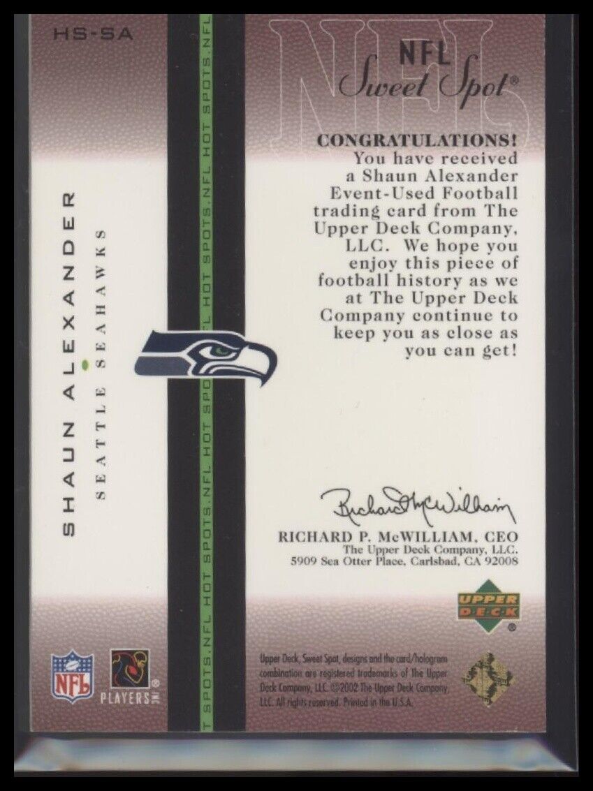 2002 Upper Deck Sweet Spot #HS-SA Shaun Alexander Hot Spots Football #/44
