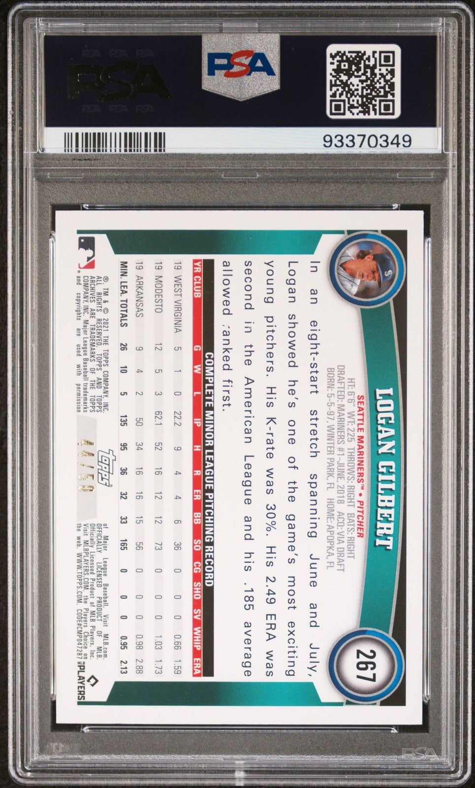 Logan Gilbert 2021 Topps Archives #267 Red Hot Foil PSA 9