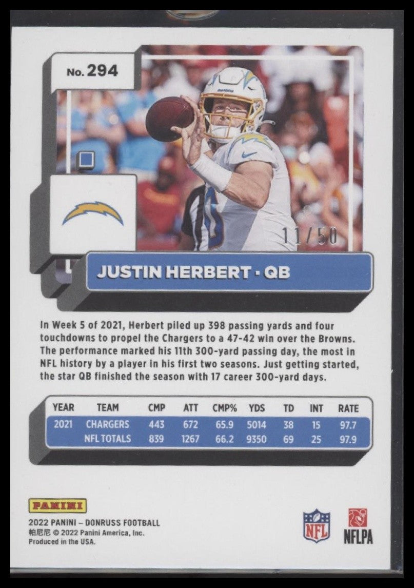 Justin Herbert 2022 Donruss #294 Gold Press Proof #/50