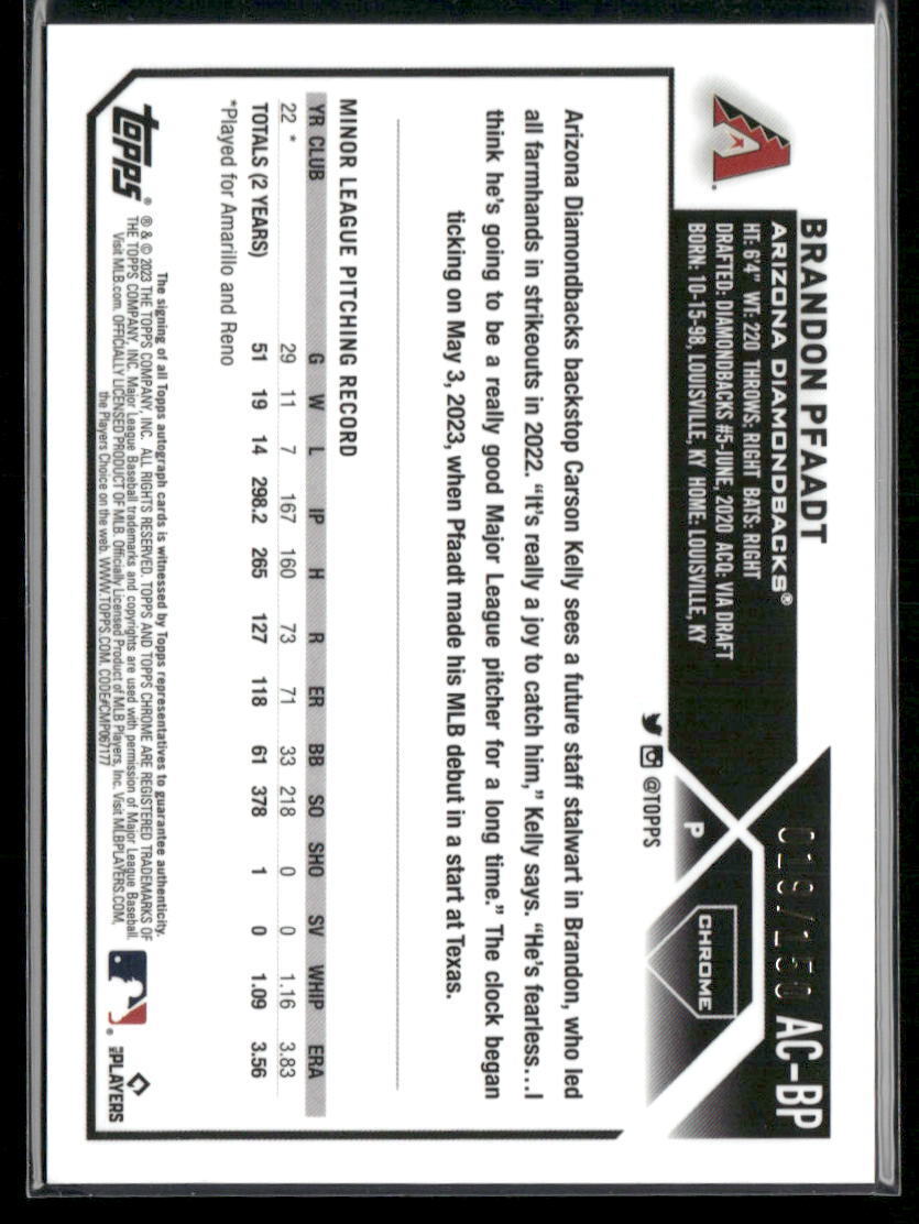 2023 Topps Chrome Update #AC-BP Brandon Pfaadt Autographs Blue #/150
