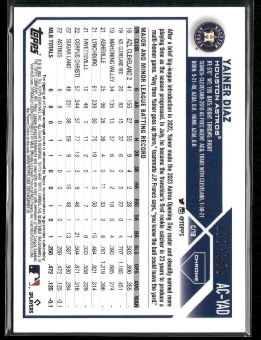 2023 Topps Chrome Update #AC-YAD Yainer Diaz Autographs Blue #/150