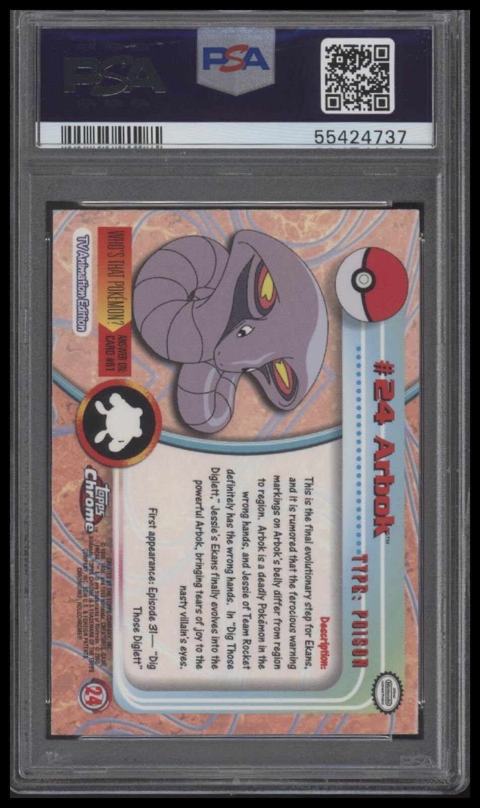 2000 Topps Chrome Pokemon T.V. #24 Arbok Pokemon T.V. PSA 9