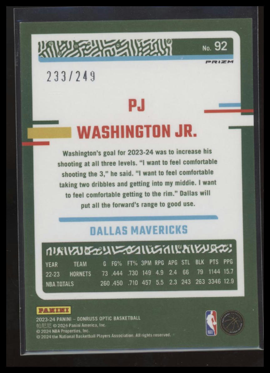 2023-24 Donruss Optic #92 P.J. Washington Jr. Premium #/249