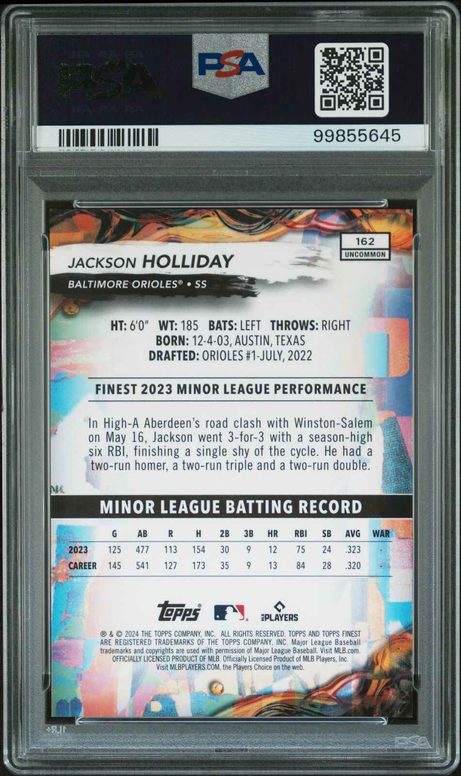 2024 Topps Finest #162 Jackson Holliday Blue Refractor PSA 10