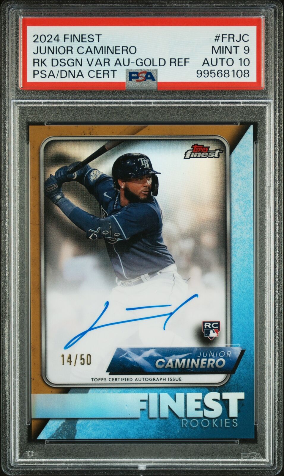 2024 Topps Finest Rookie Auto Junior Caminero Rk Dsgn Var Au-Gold Ref PSA 9