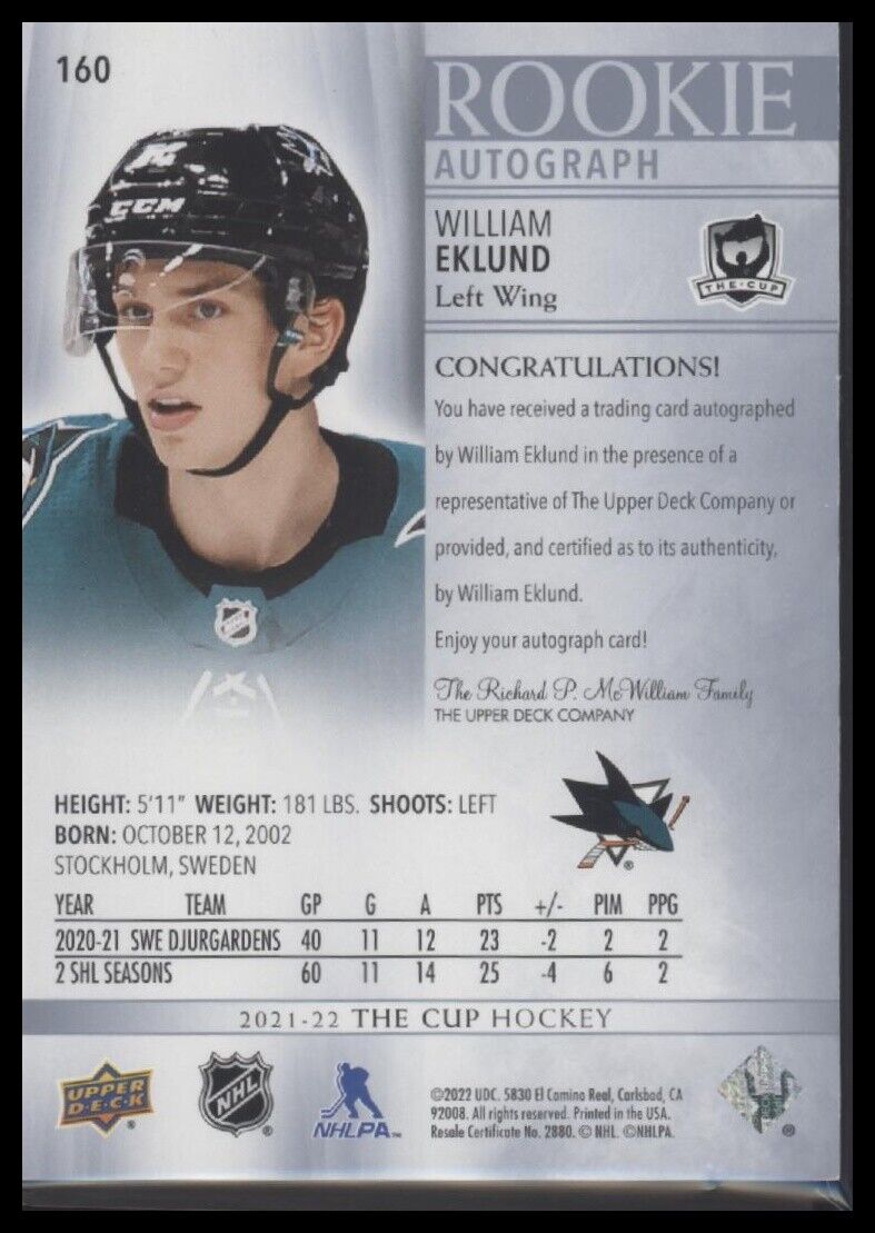 2021-22 Upper Deck The Cup #160 William Eklund #/249