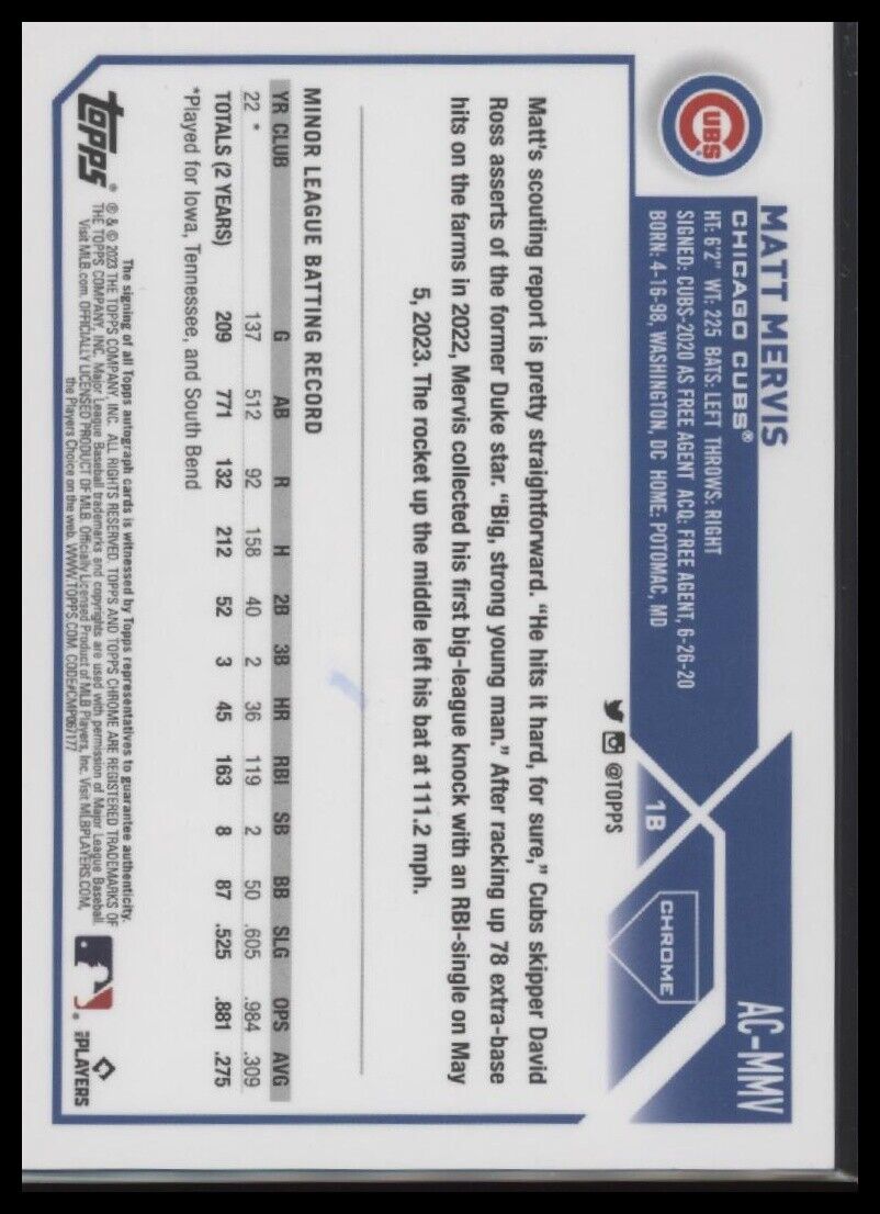 2023 Topps Chrome Update #AC-MMV Matt Mervis Autographs