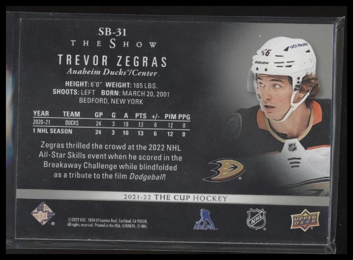 2021-22 Upper Deck The Cup #SB-31 Trevor Zegras The Show Black #/99