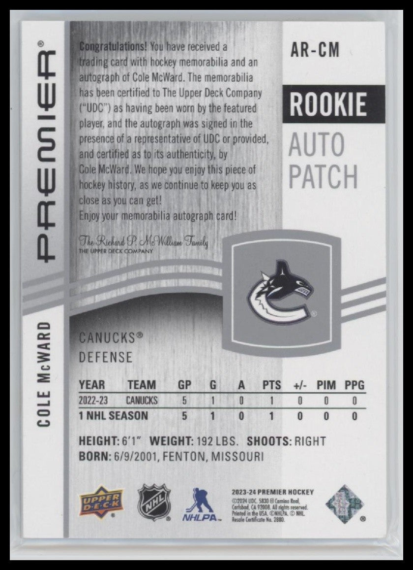 Cole McWard 2023-24 Upper Deck Premier #AR-CM Acetate Rookie Auto Patch #/249