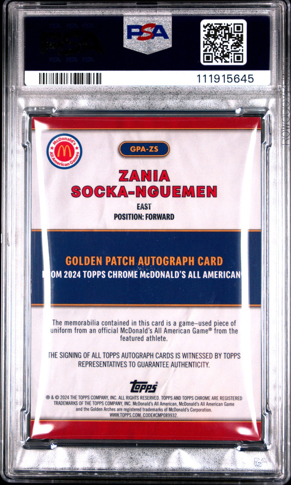 Zania Socka-Nguemen 2024 Mcdonald's All American Golden Patch Auto PSA 7