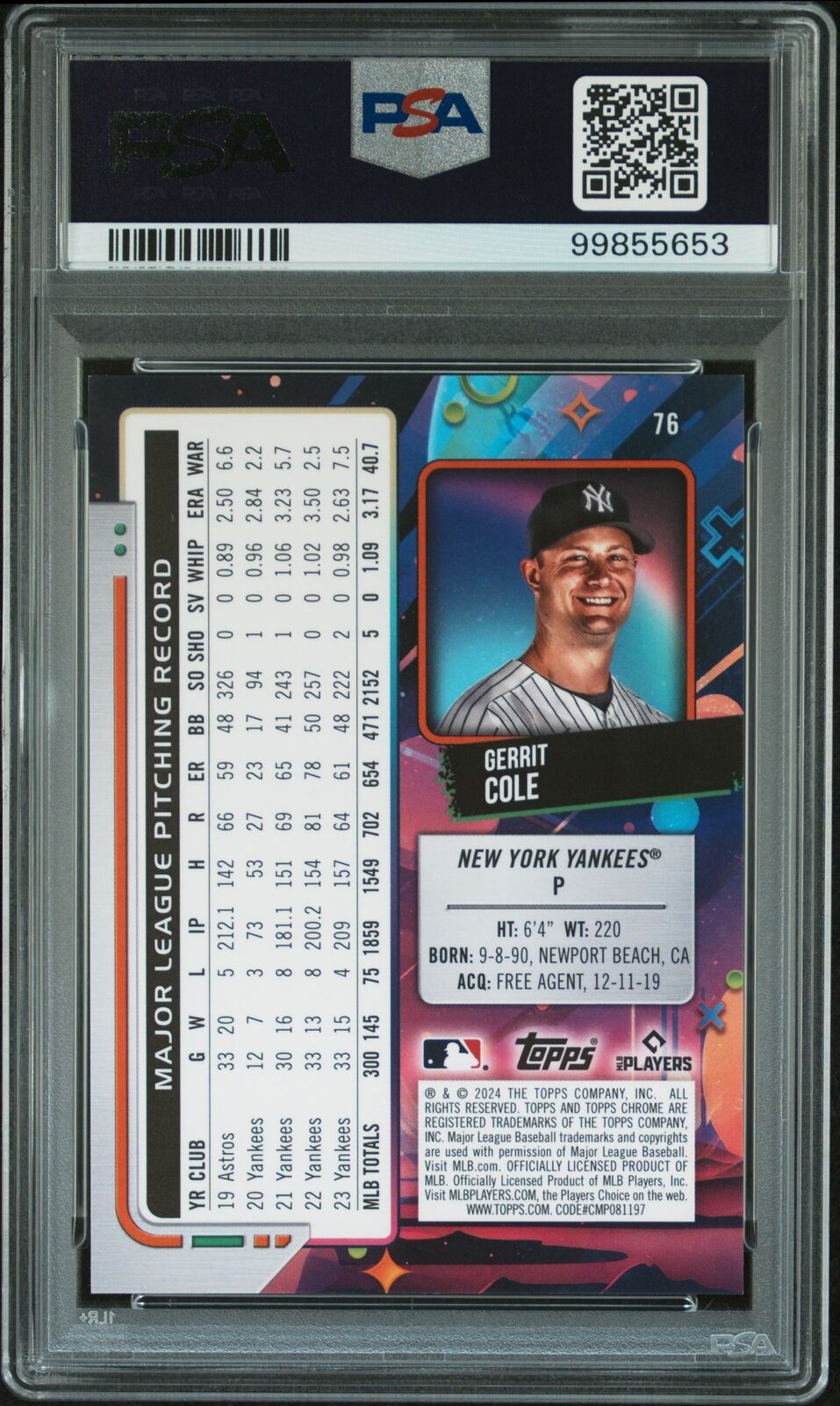 2024 Topps Chrome Cosmic #76 Gerrit Cole Black Eclipse PSA 9