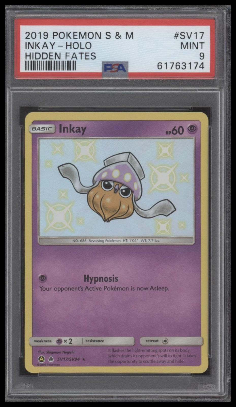Inkay-Holo 2019 Pokemon Sun & Moon Hidden Fates #SV17 Hidden Fates PSA 9