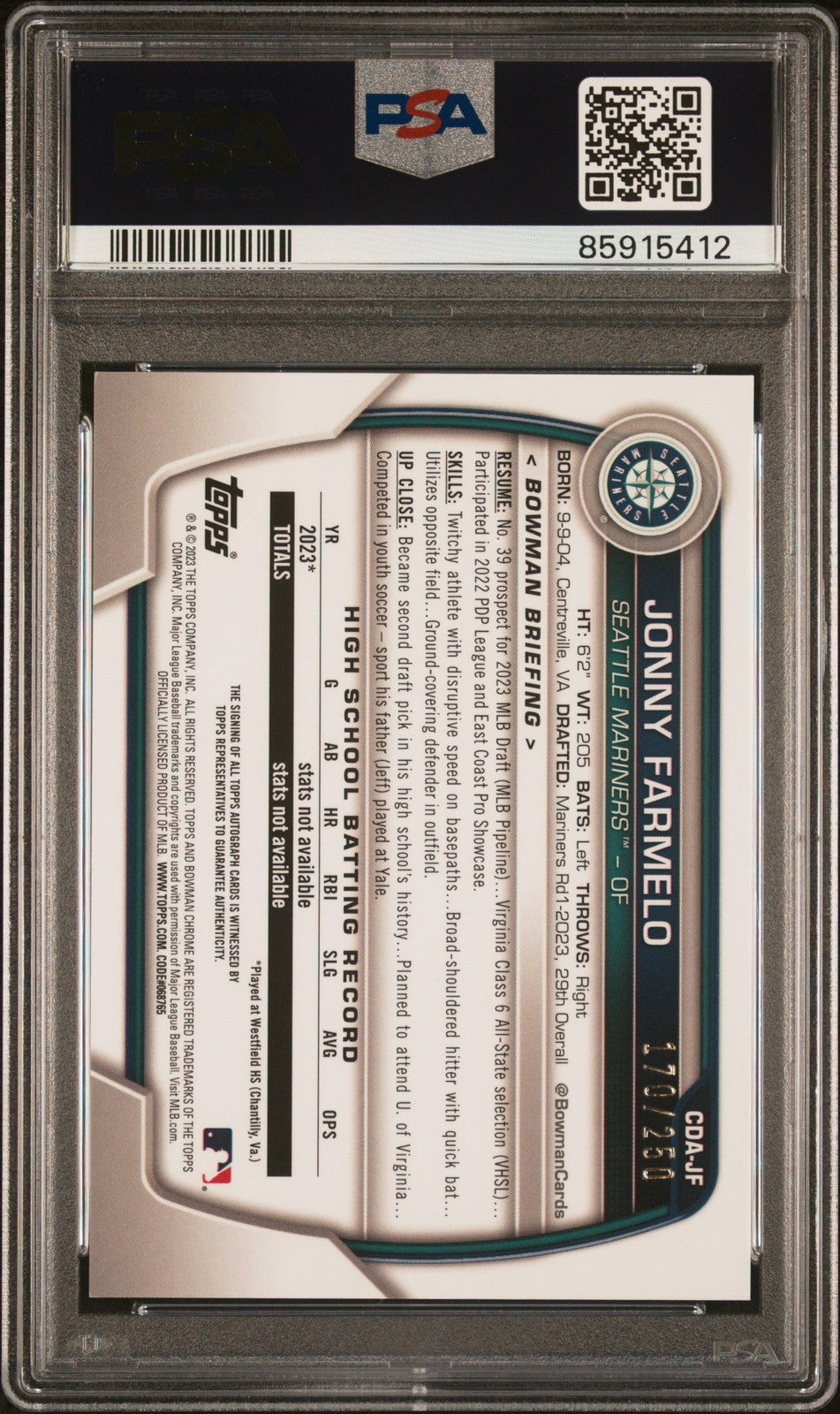 Jonny Farmelo 2023 Bowman Draft Chrome Prospect Au-Purple Ref PSA 9