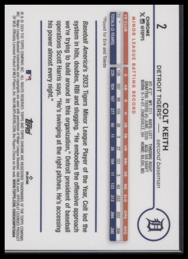 2024 Topps Chrome #2 Colt Keith Aqua Refractors #/199