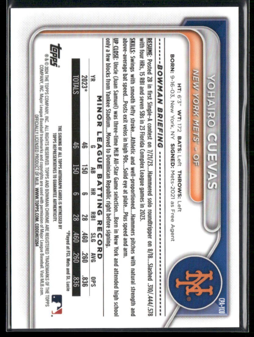 2024 Bowman Chrome #CPA-YCU Yohairo Cuevas Prospects Autographs