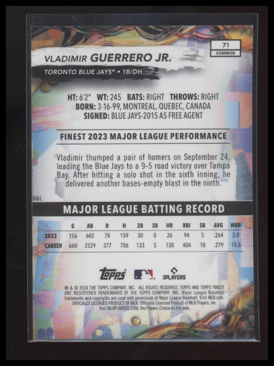 2024 Finest #71 Vladimir Guerrero Jr. Sky Blue Refractors #/325
