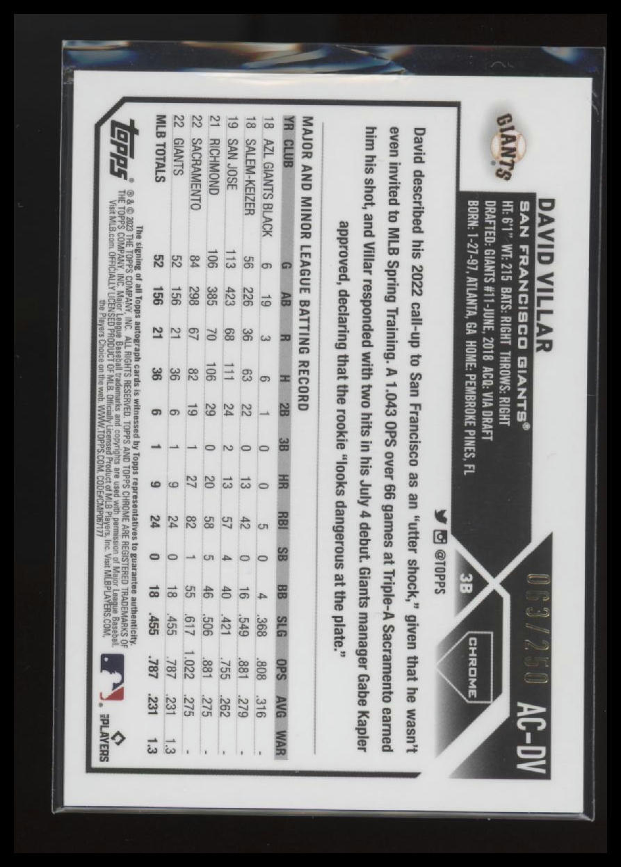 2023 Topps Chrome Update #AC-DV David Villar Autographs Purple #/250