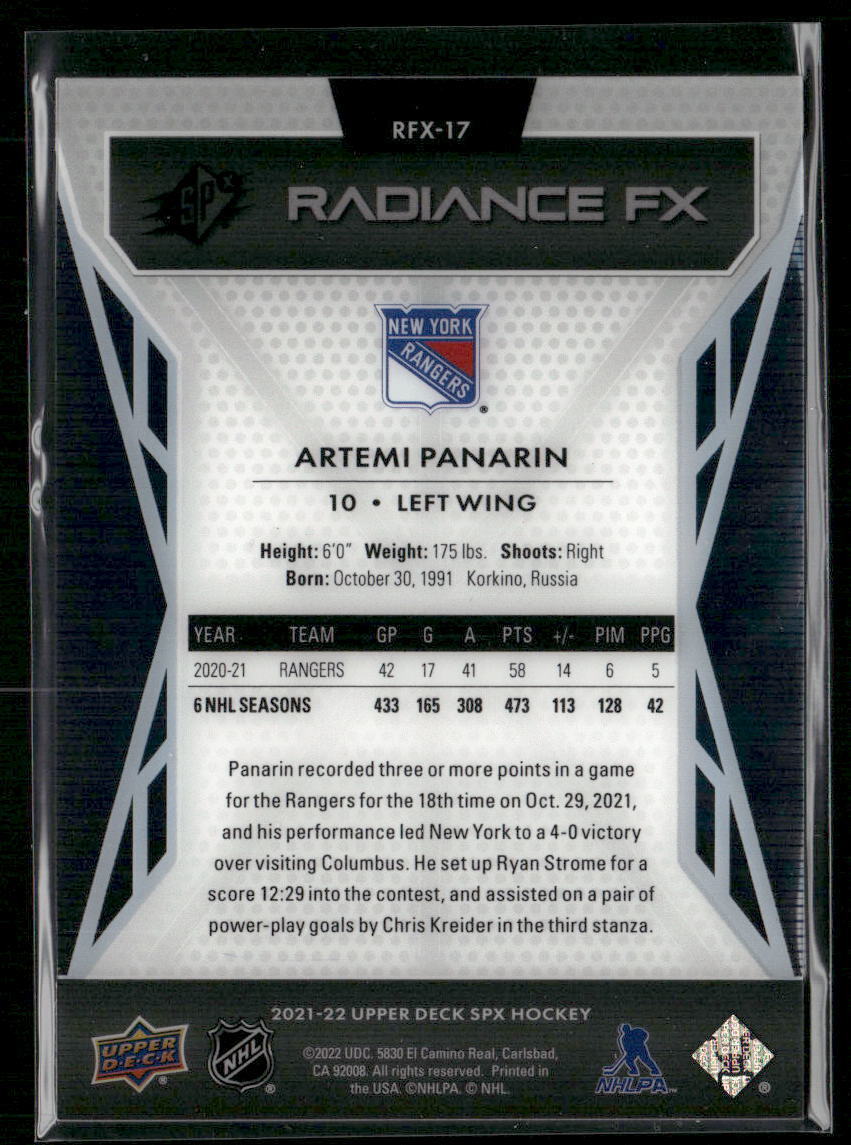 2021-22 SPx #RFX-17 Artemi Panarin Radiance F/X Gold #/50