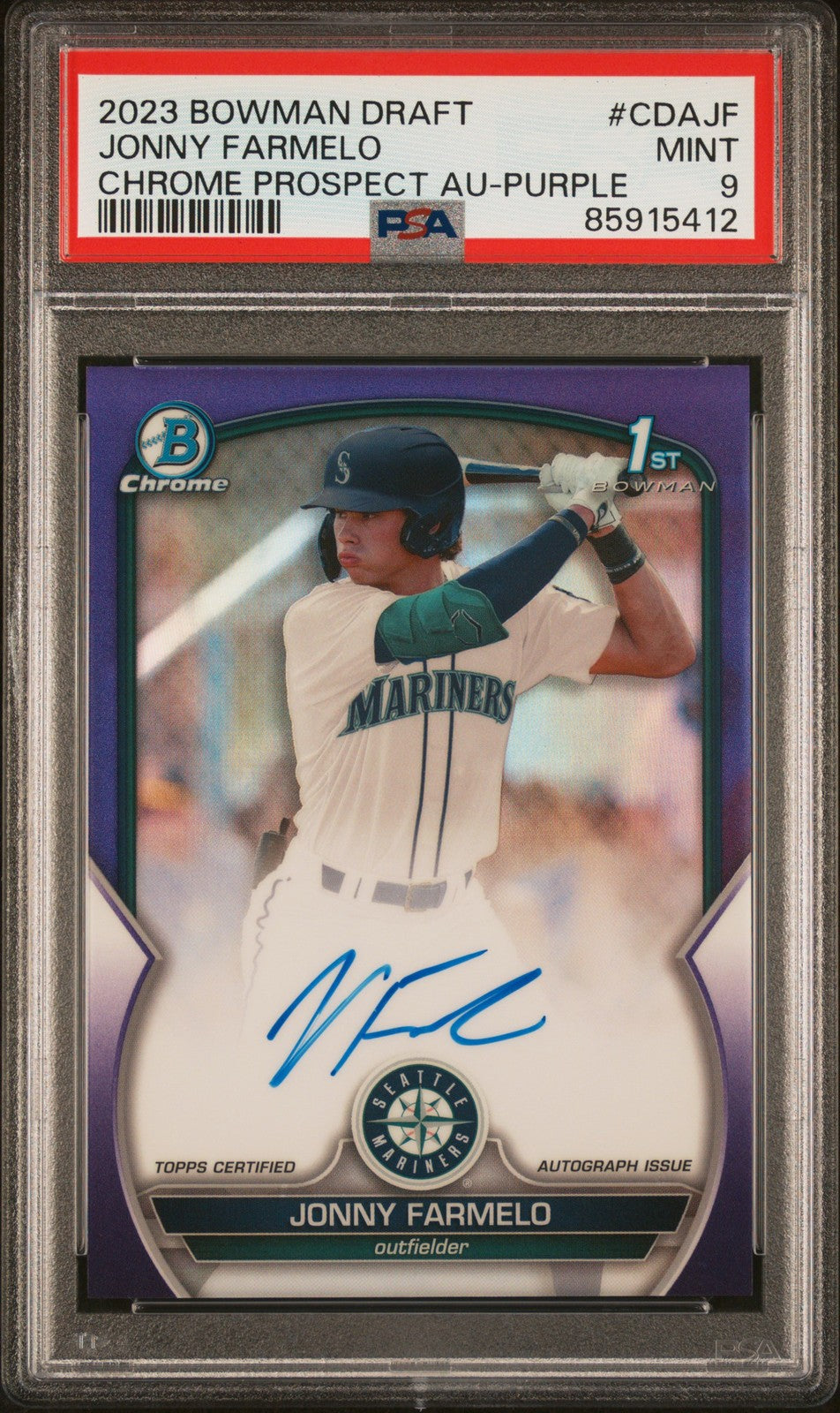 Jonny Farmelo 2023 Bowman Draft Chrome Prospect Au-Purple Ref PSA 9