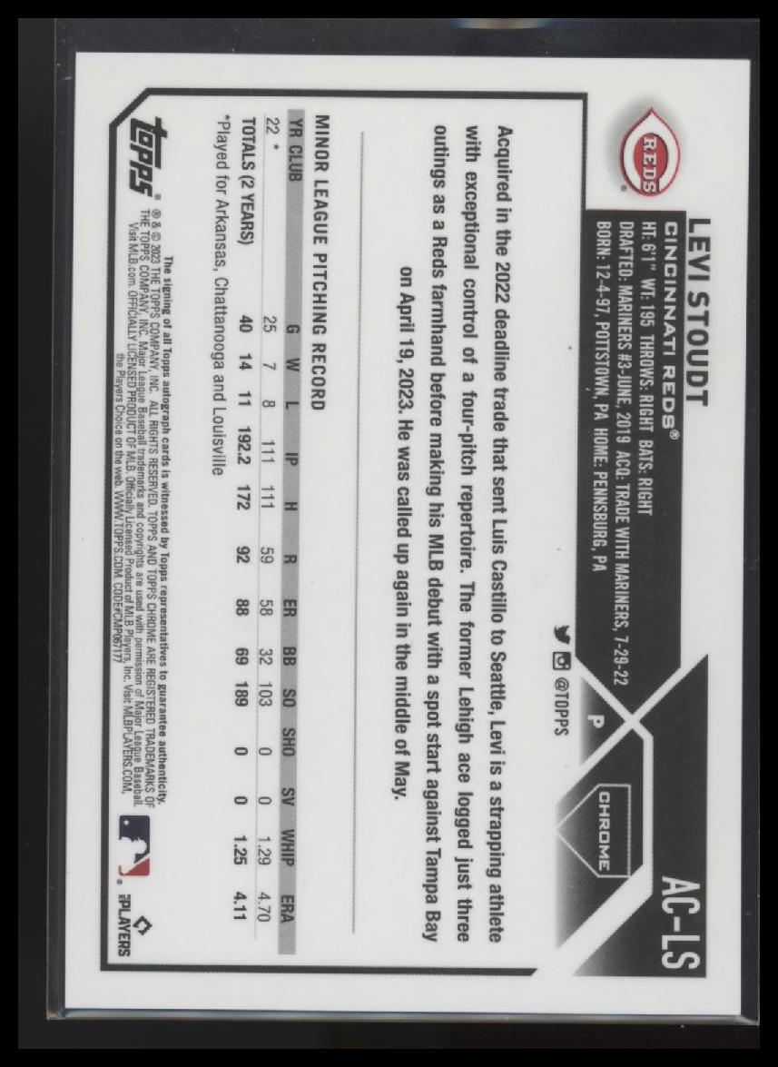 2023 Topps Chrome Update #AC-LS Levi Stoudt Autographs Refractor #/499