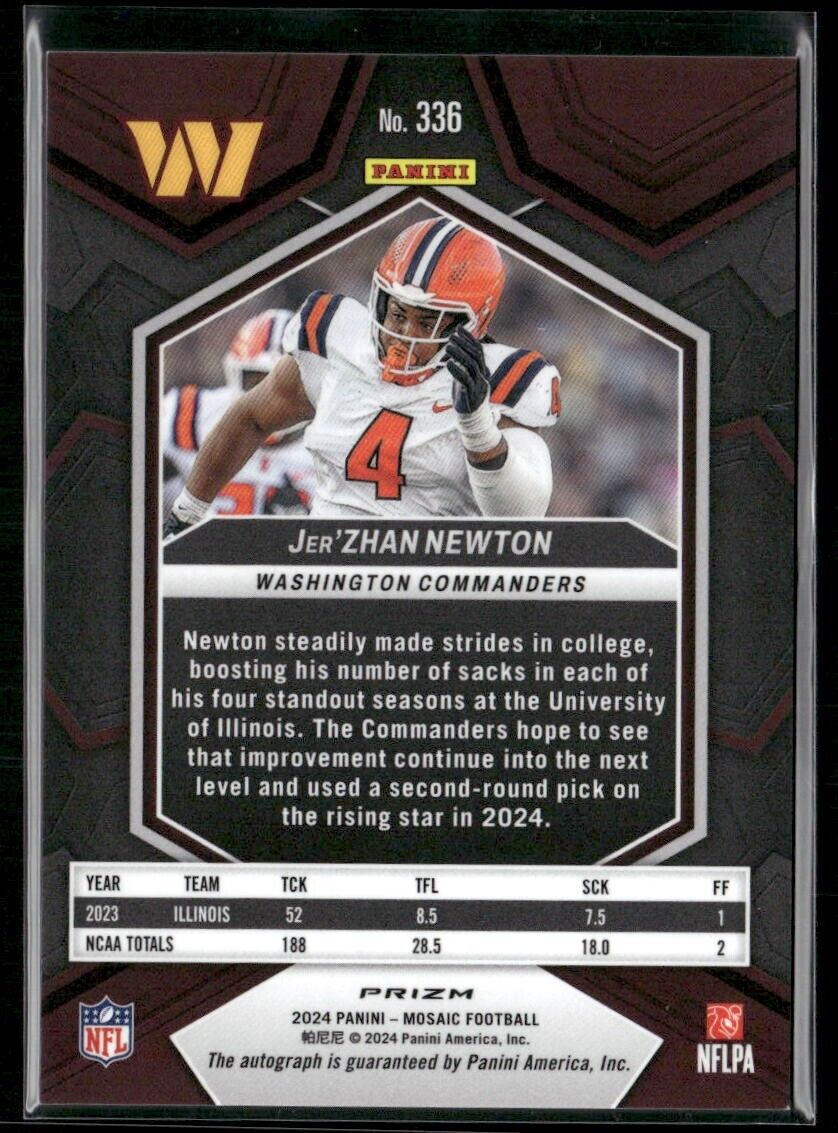 Jer'Zhan Newton White Auto RC 2024 Panini Mosaic Football