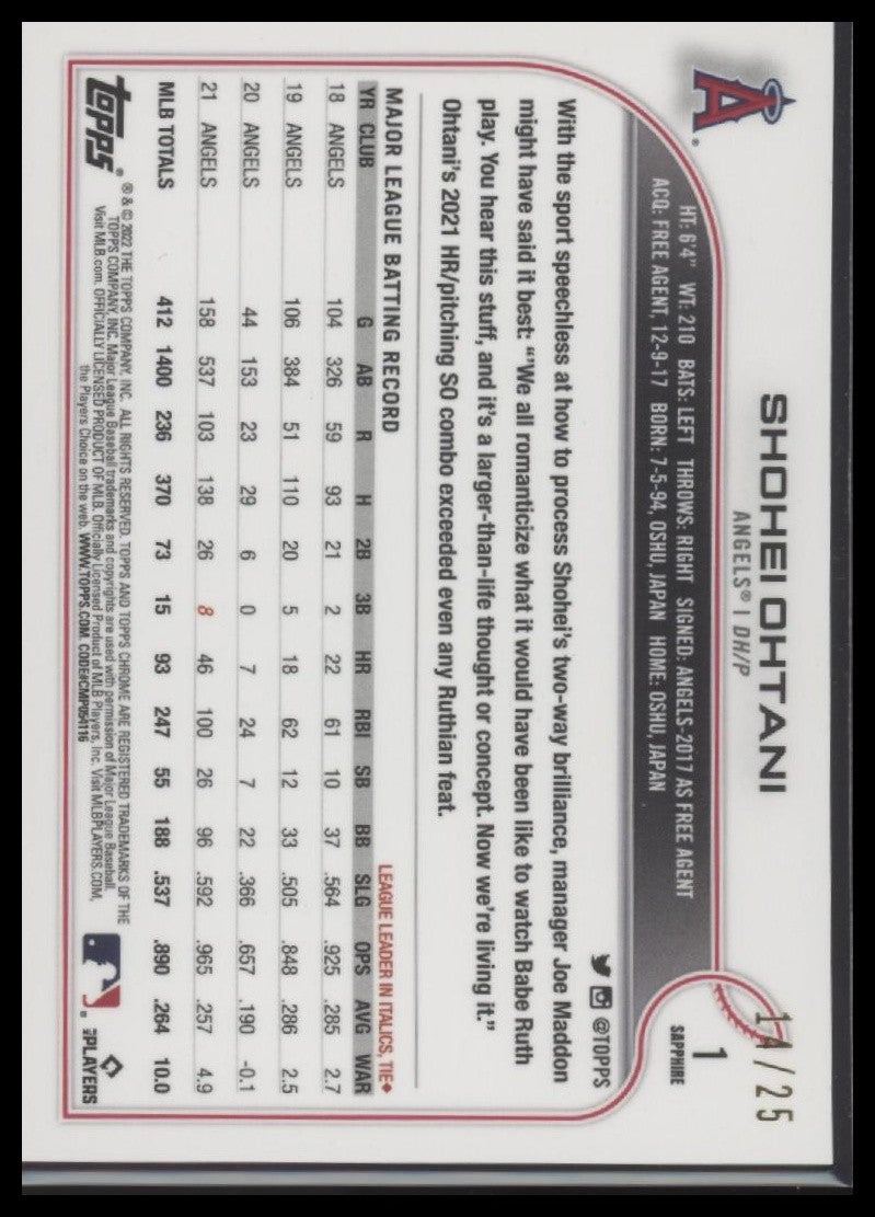 Shohei Ohtani 2022 Topps Chrome Sapphire Edition #1 Orange #/25
