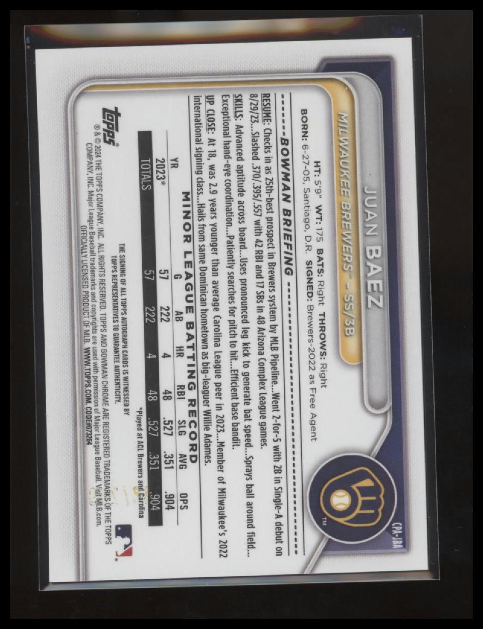 2024 Bowman Chrome Juan Baez Prospects Autographs Speckle Refractors #/299